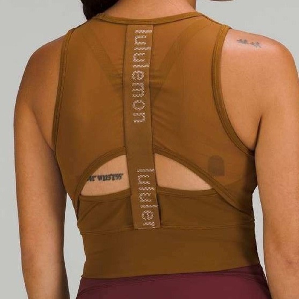 Lululemon High Neck Crop Tank Top Copper Brown Mesh Back Logo Strap 6